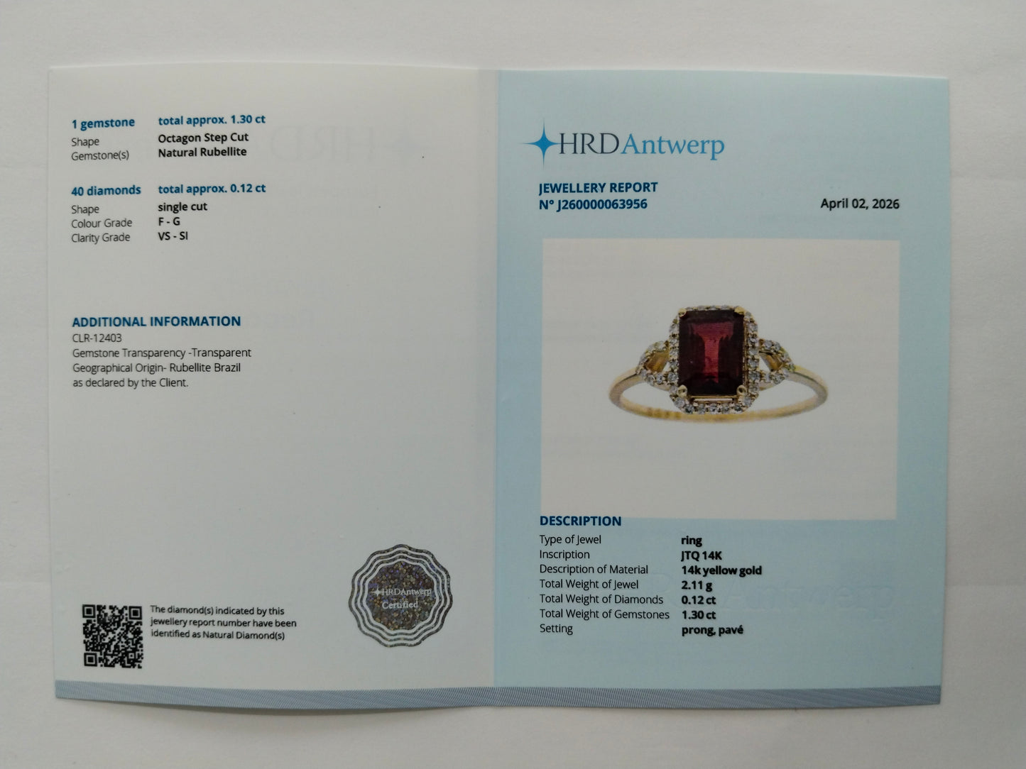 1.42 Ct Octagon Step Cut Natural Rubellite 14K Gold Ring