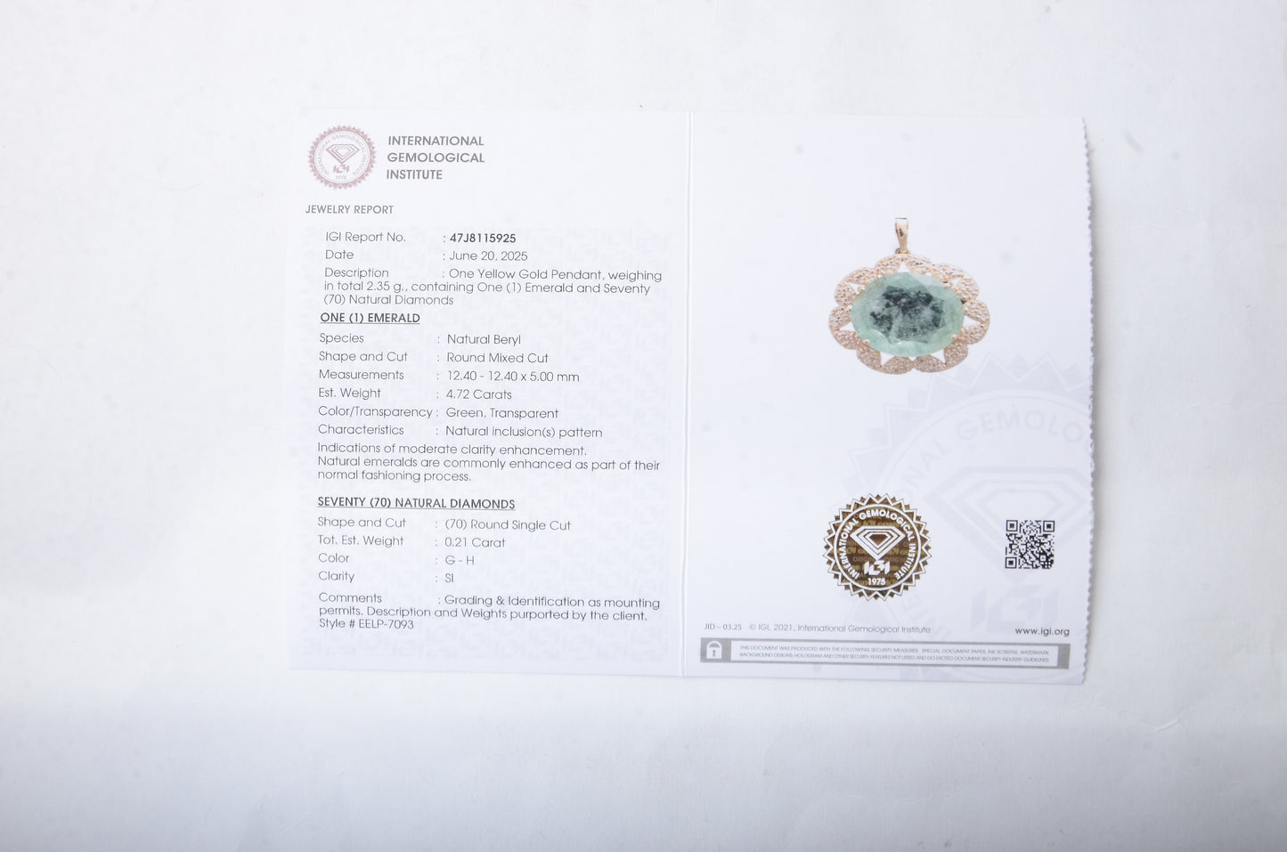 4.93 Ct Round Mixed Cut Natural Beryl Emerald 14K Gold Pendant