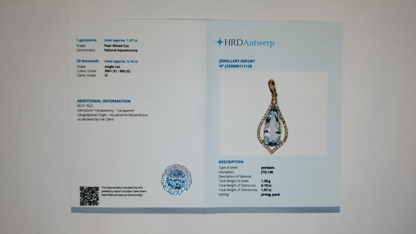 2.07 Ct Pear Mixed Cut Natural Aquamarine 14K Gold Pendant