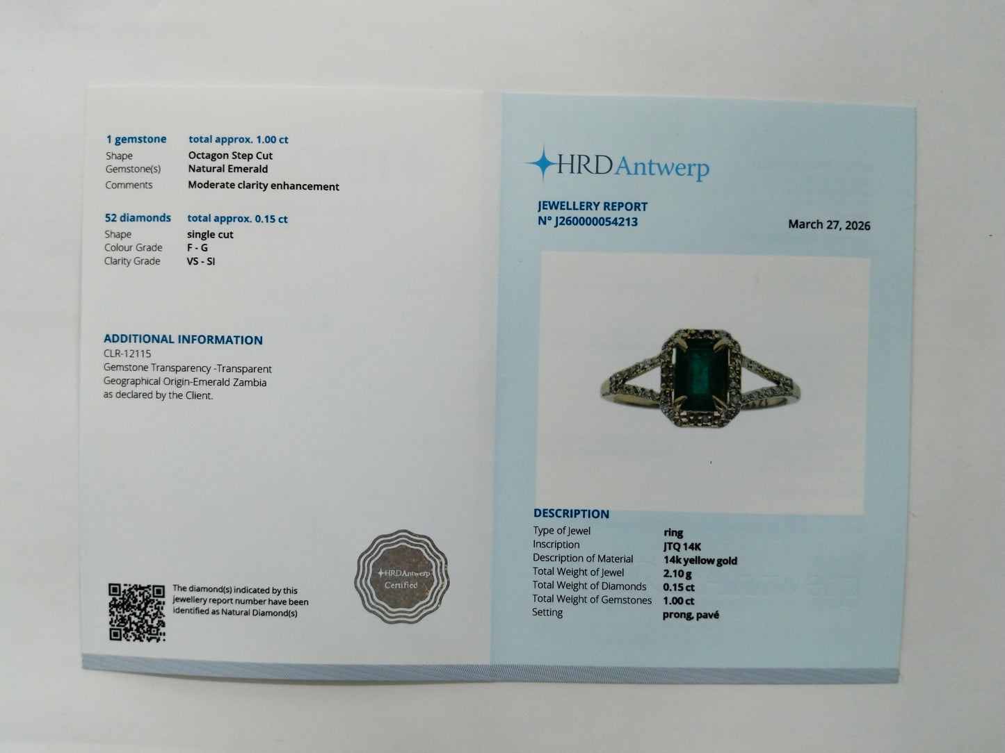 1.15 Ct Octagon Step Cut Natural Emerald 14K Gold Ring