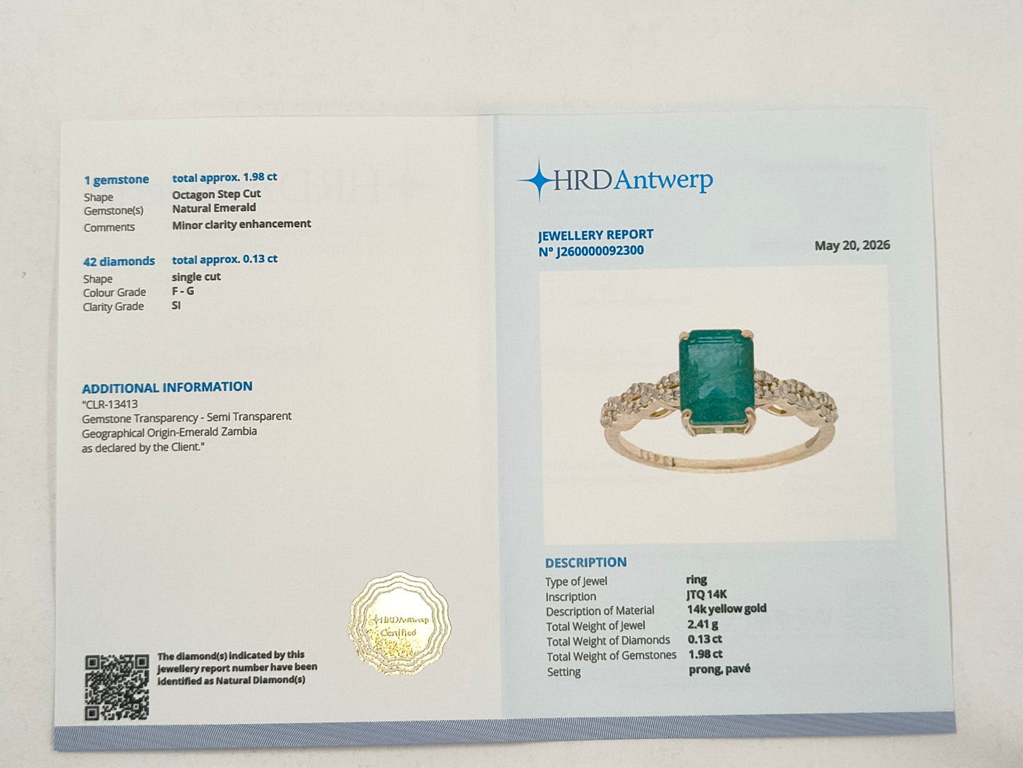 2.11 Ct Octagon Emerald 14K Gold Ring