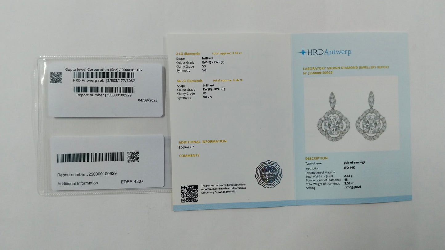 3.58 Carats Lab Grown Diamond 14K Gold Earrings