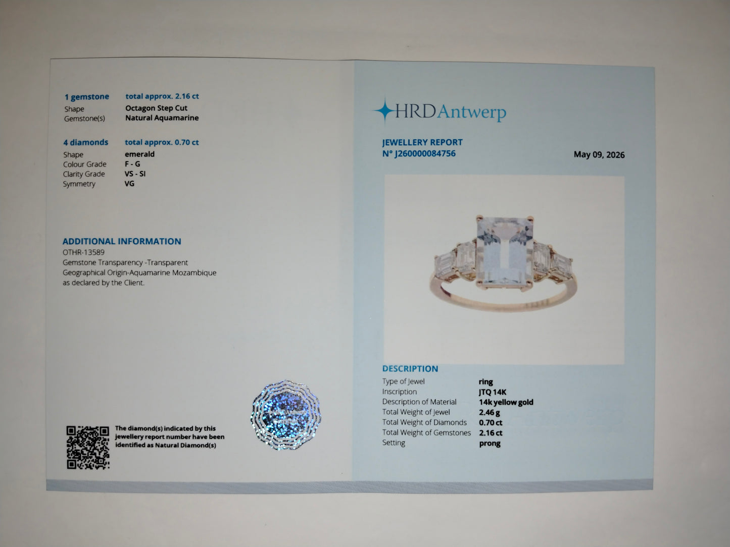 1.89 Ct Octagon Step Cut Natural Aquamarine 14K Gold Ring