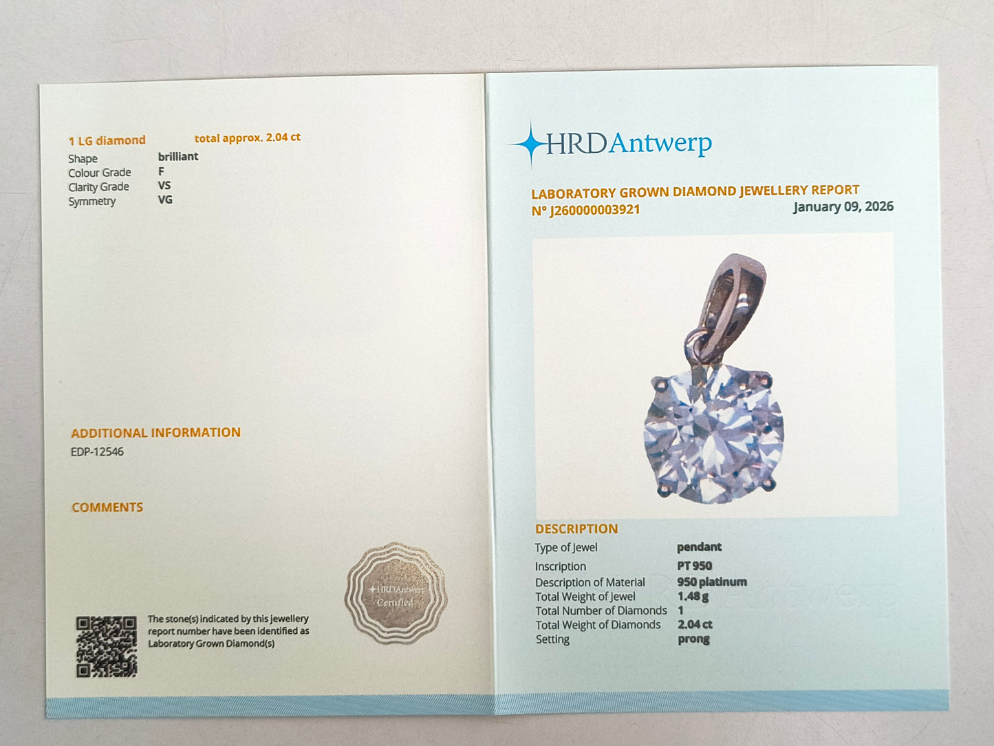 2.04 Carats Lab Grown Diamond 950 Platinum Pendant