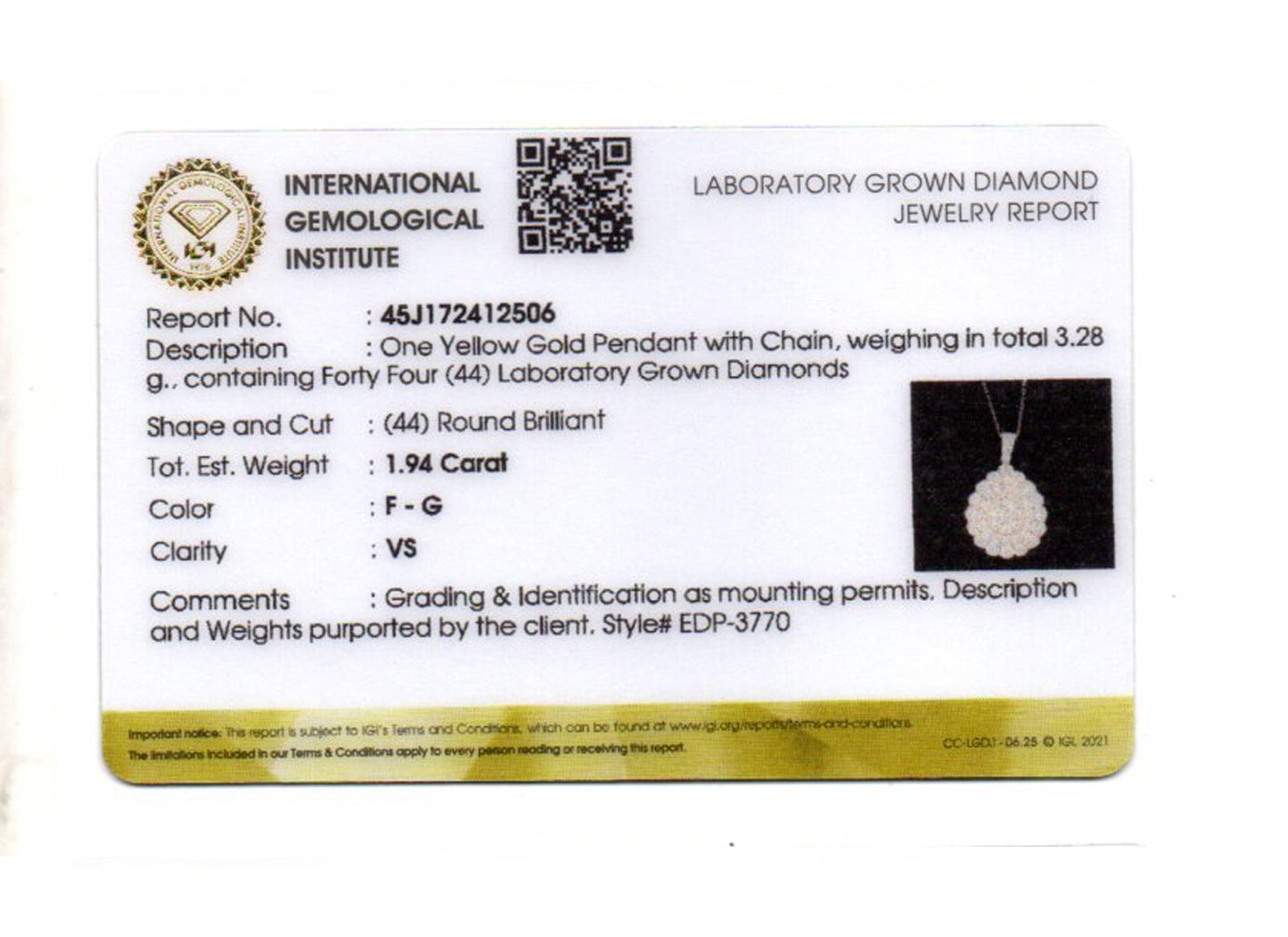 1.94 Carats Lab Grown Diamond 14K Gold Pendant