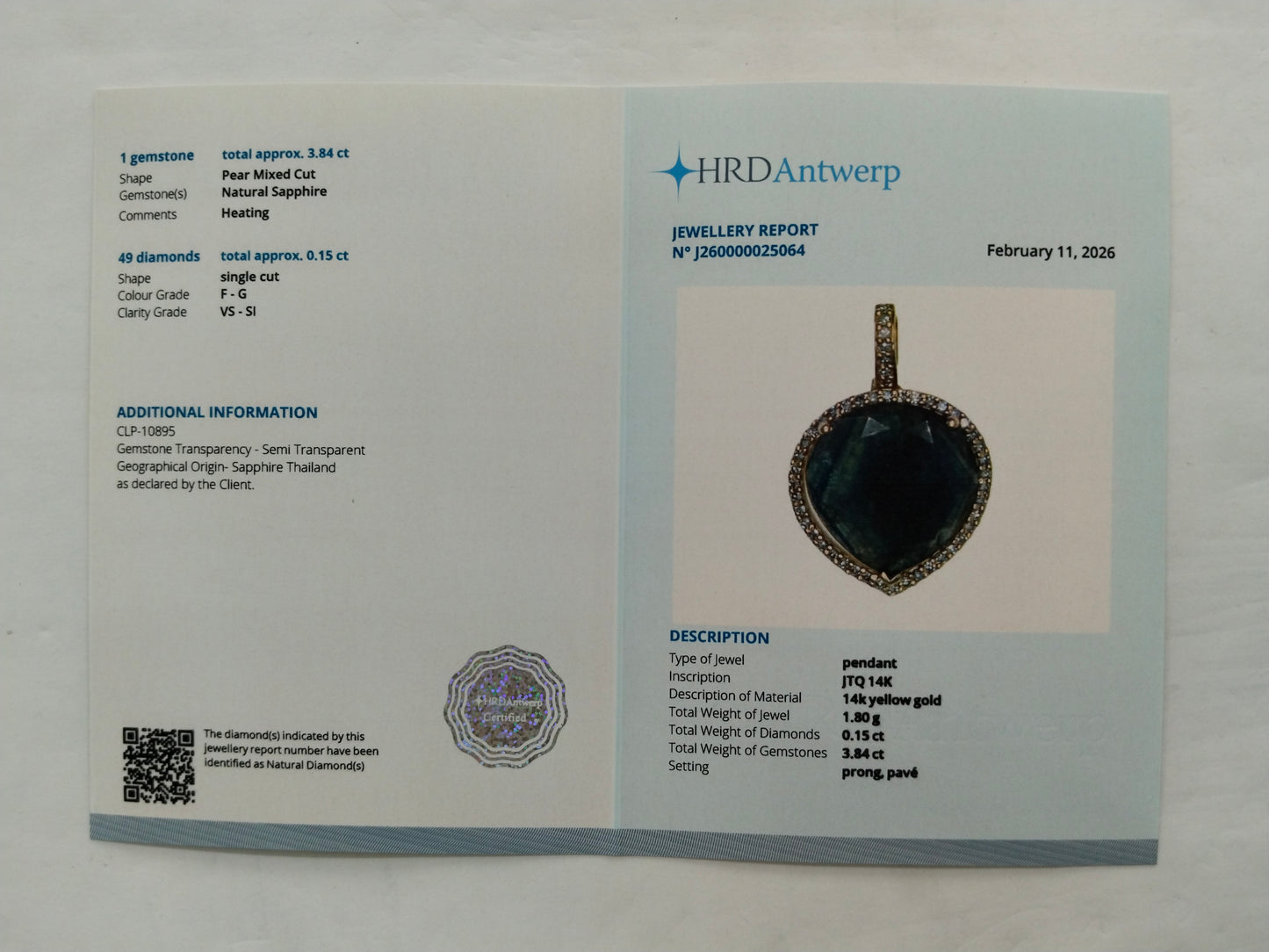 3.99 Ct Pear Mixed Cut Natural Sapphire 14K Gold Pendant