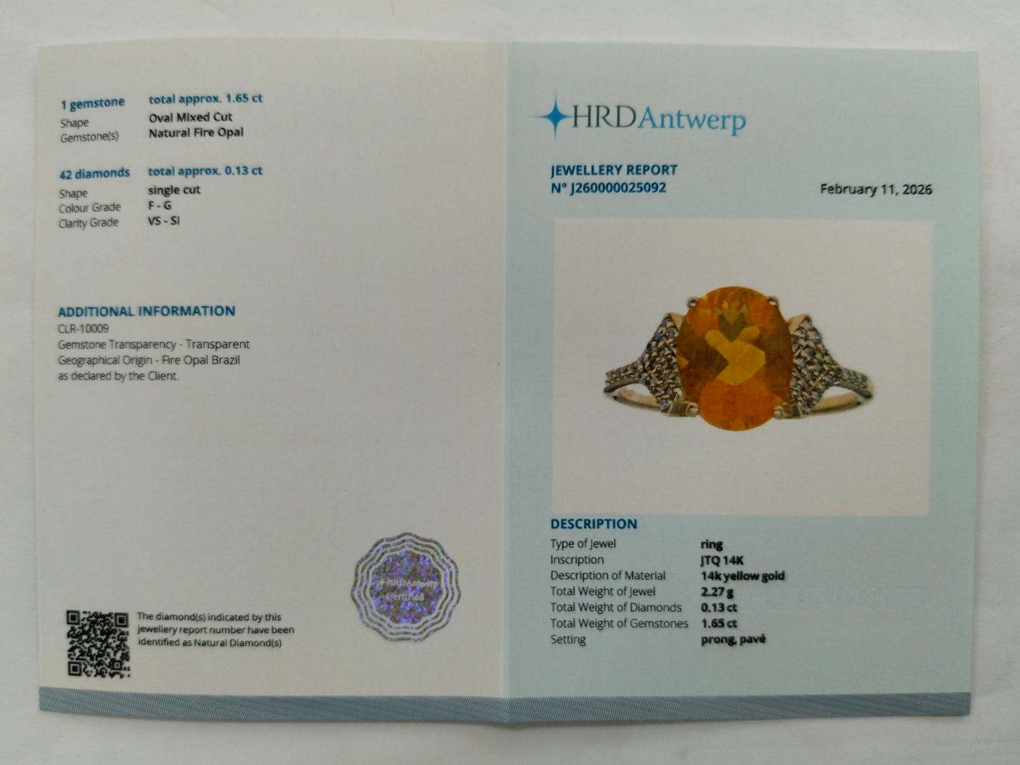 1.78 Ct Oval Mixed Cut Natural Fire Opal 14K Gold Ring