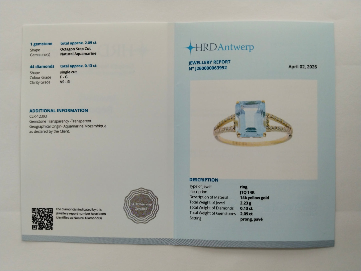 2.22 Ct Octagon Step Cut Natural Aquamarine 14K Gold Ring