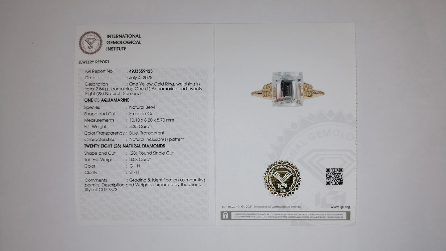 3.43 Ct Emerald Cut Natural Beryl Aquamarine 14K Gold Ring