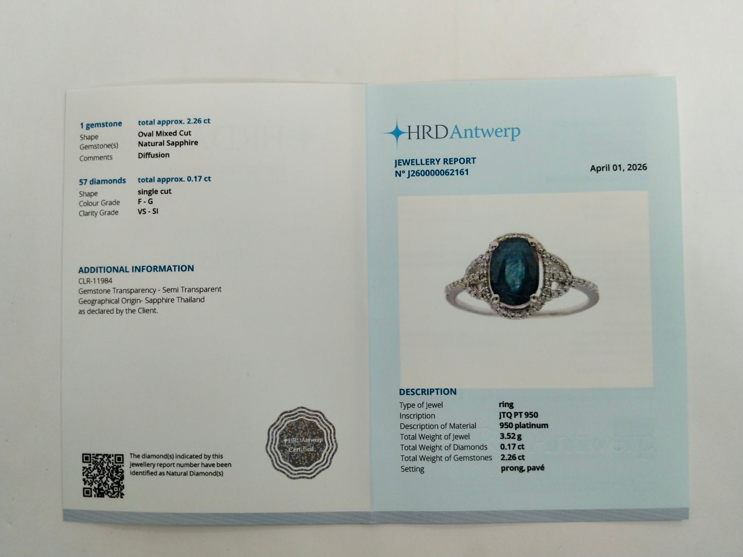 2.43 Ct Oval Mixed Cut Natural Sapphire 950 Platinum Ring