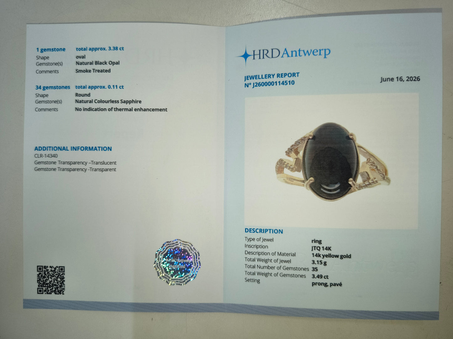 3.49 Ct Oval Natural Black Opal 14K Gold Ring