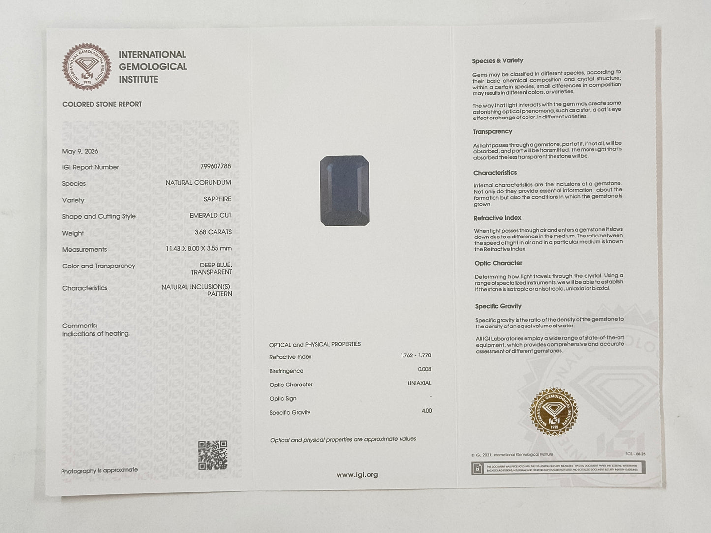 3.68 Natural Corundum Sapphire Emerald Cut Gemstone