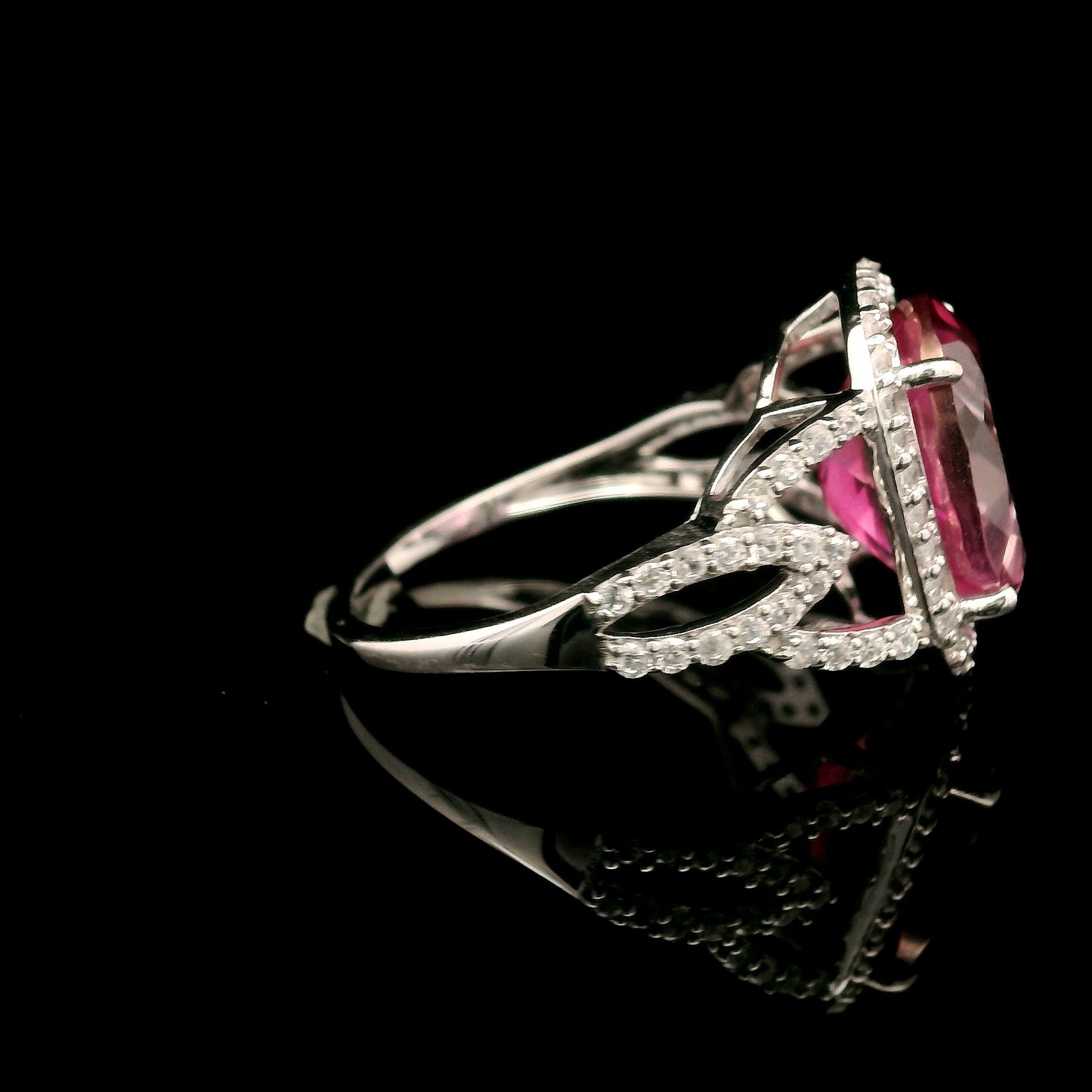 7.18 Ct Oval Pink Topaz, White Zircon 925 Sterling Silver Ring