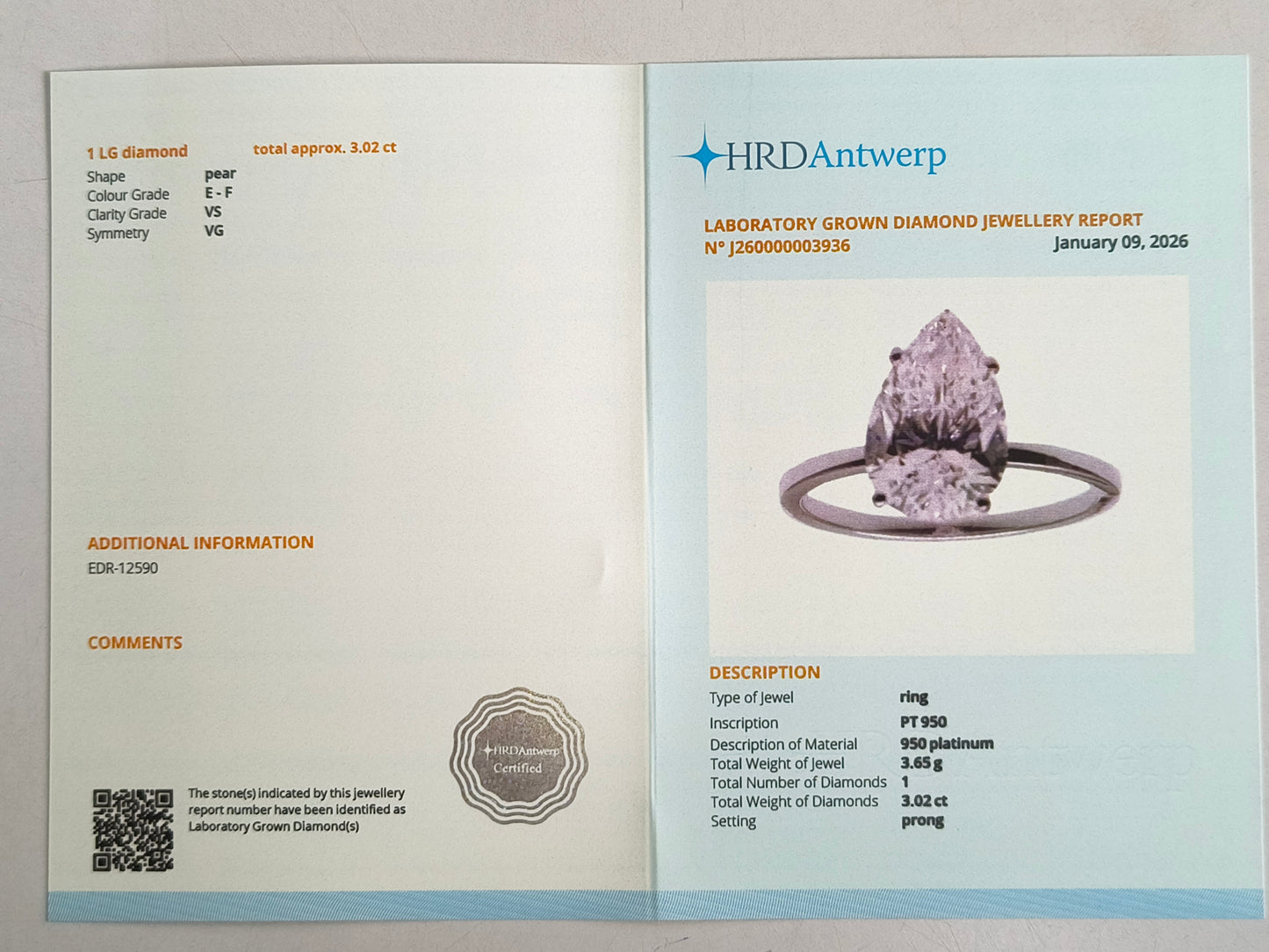 3.02 Carats Lab Grown Diamond 950 Platinum Ring