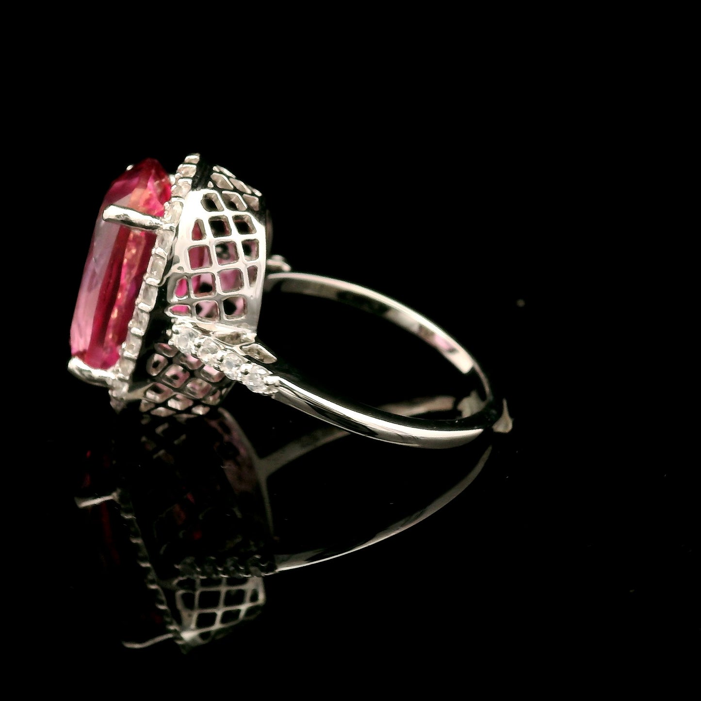 9.34 Ct Cushion Pink Topaz, White Zircon 925 Sterling Silver Ring