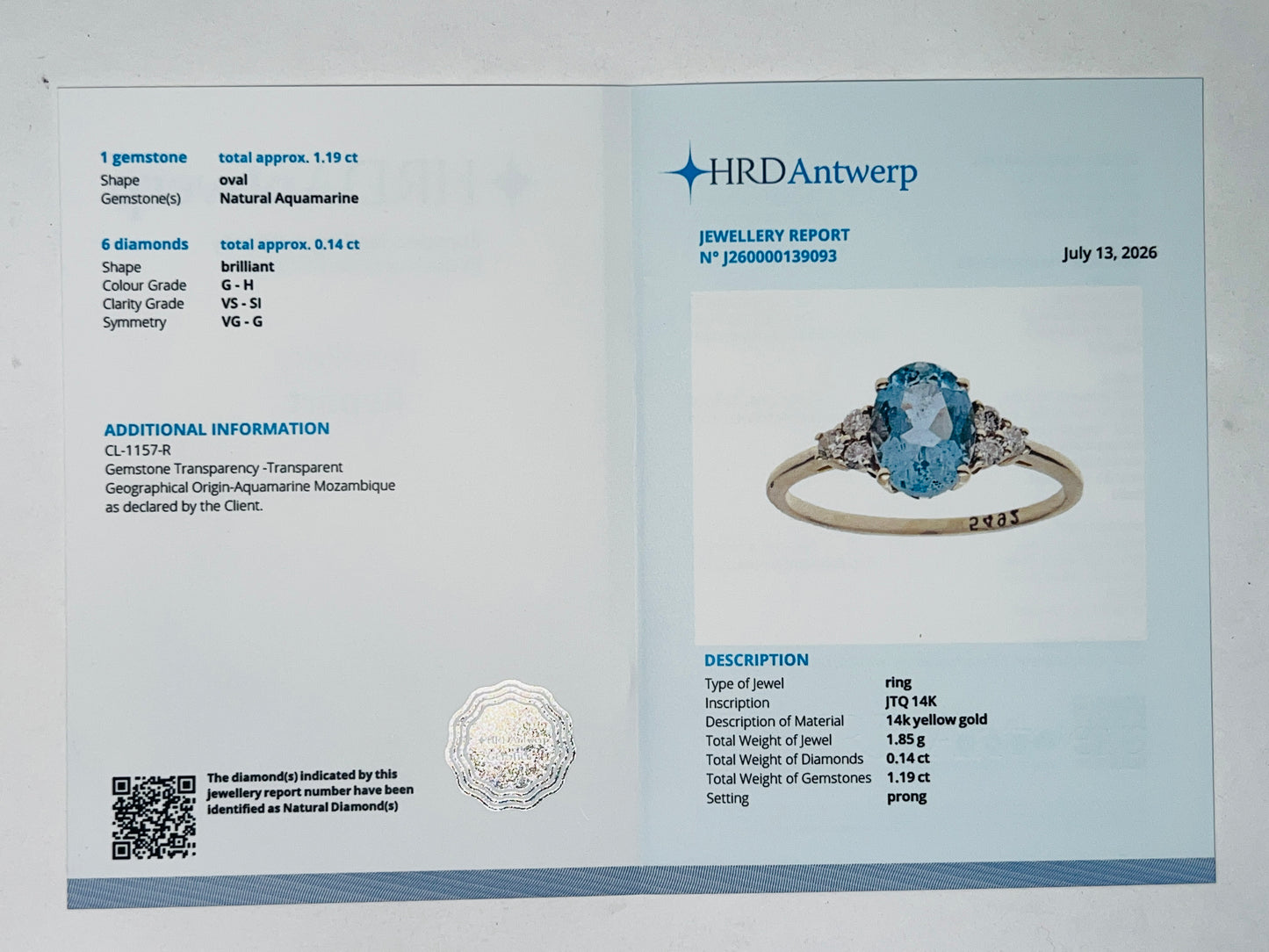 1.33 Ct Oval Natural Aquamarine 14K Gold Ring