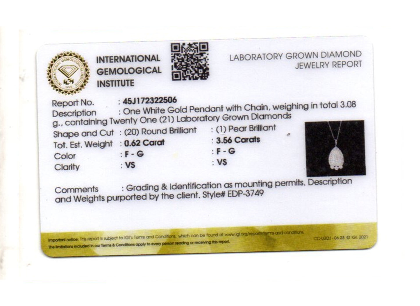 4.18 Carats Lab Grown Diamond 14K Gold Pendant