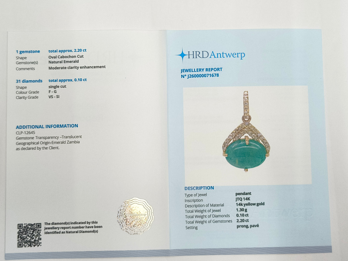 2.30 Ct Oval Cabochon Cut Natural Emerald 14K Gold Pendant
