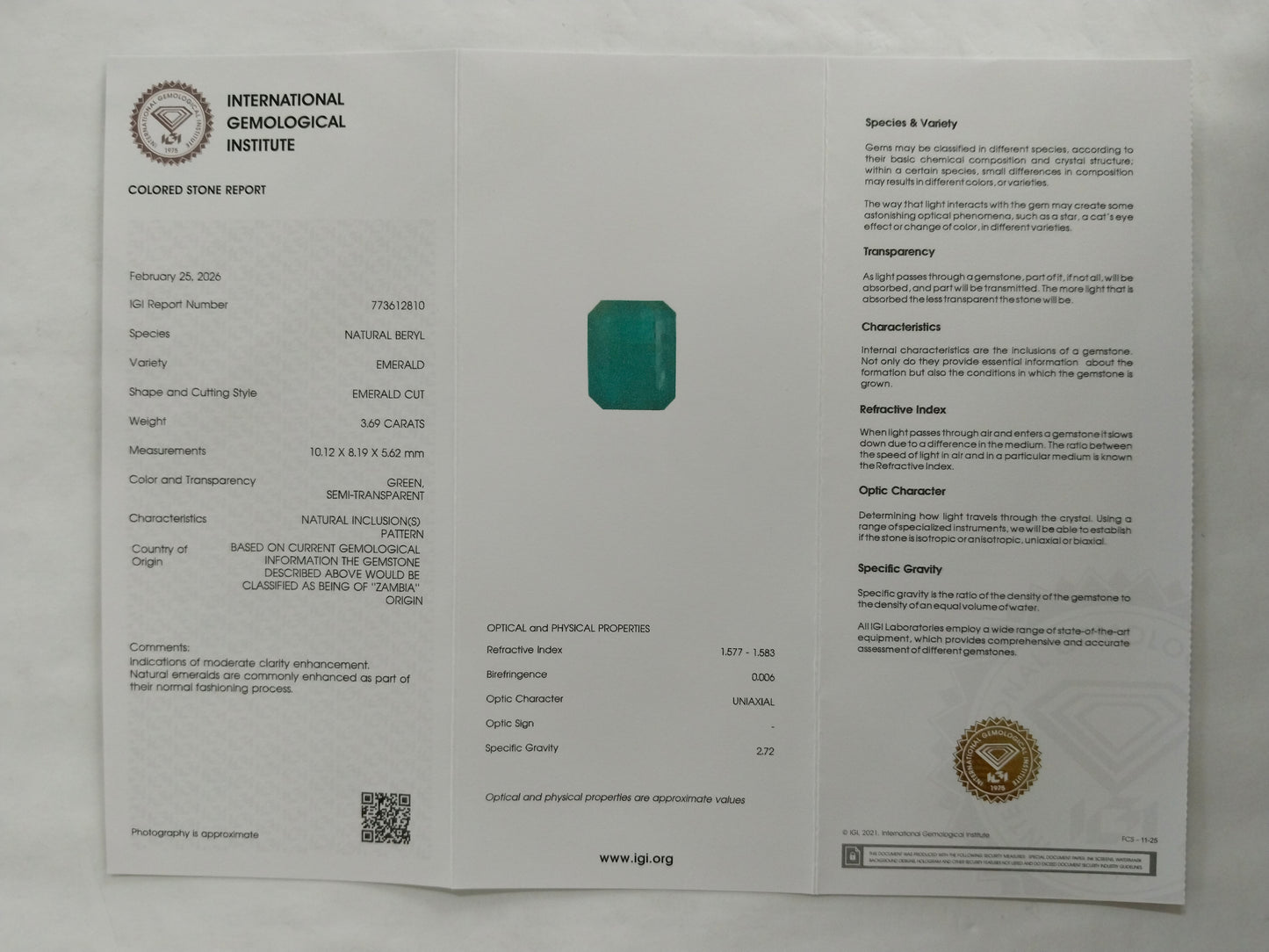 3.69 Natural Beryl Emerald Emerald Cut Gemstone