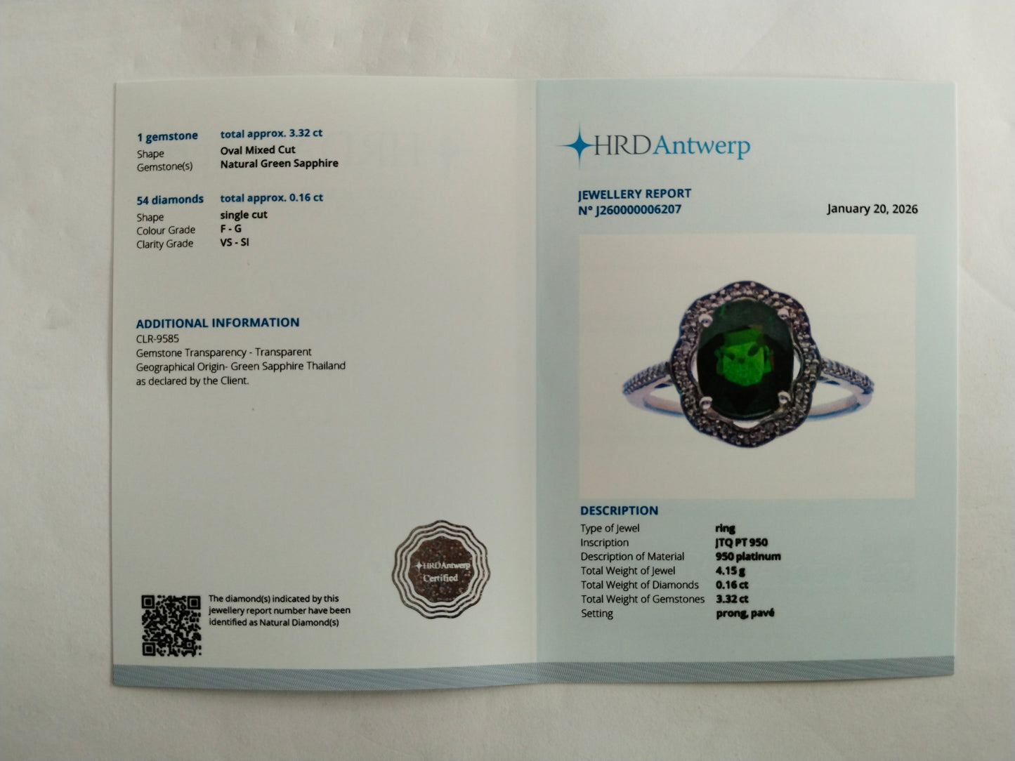 3.48 Ct Oval Mixed Cut Natural Green Sapphire 950 Platinum Ring