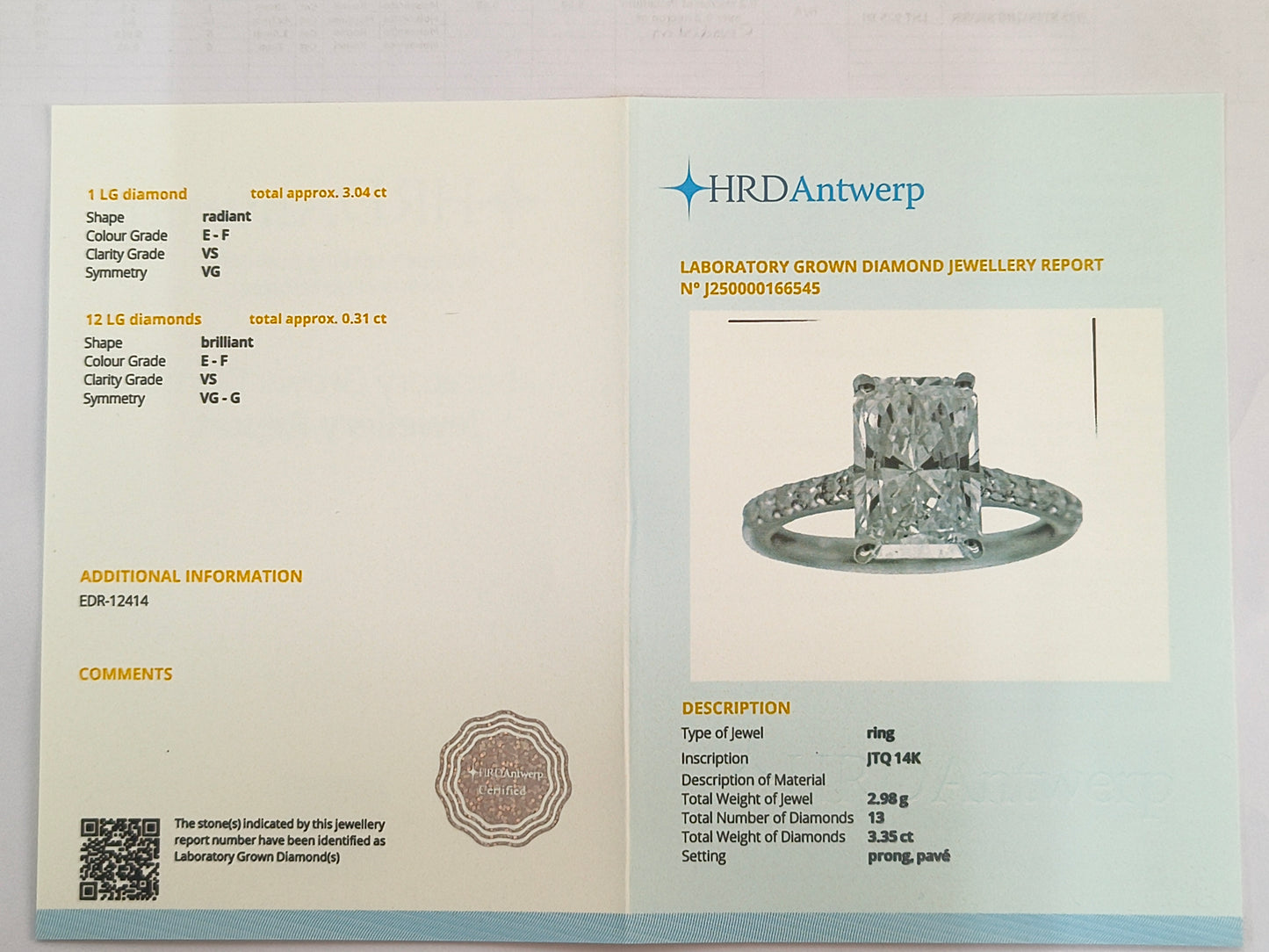 3.35 Carats Lab Grown Diamond 14K Gold Ring