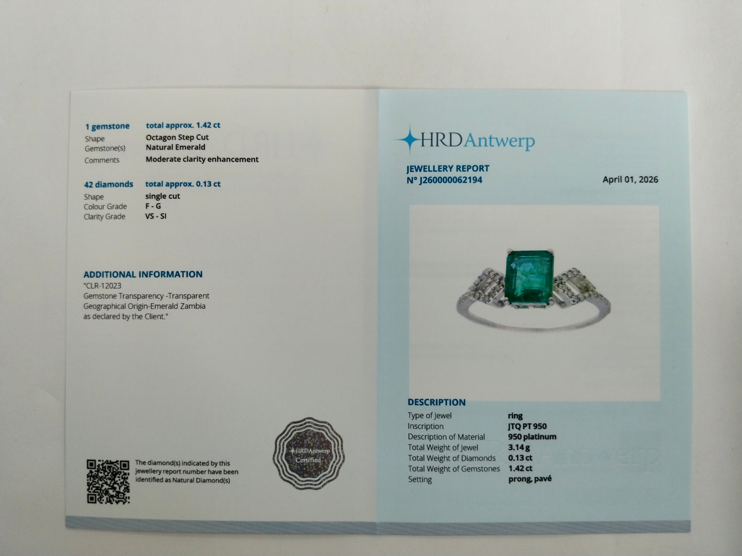 1.55 Ct Octagon Step Cut Natural Emerald 950 Platinum Ring