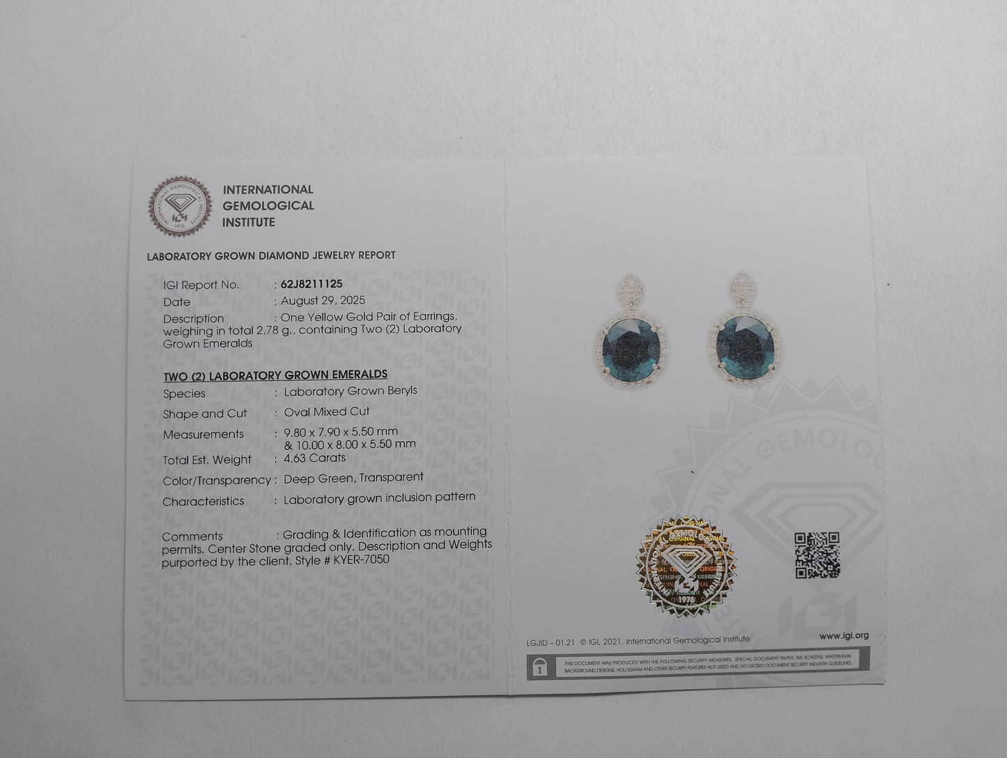 4.94 Ct Oval Mixed Cut Lab Grown Emerald 14K Gold Earrings