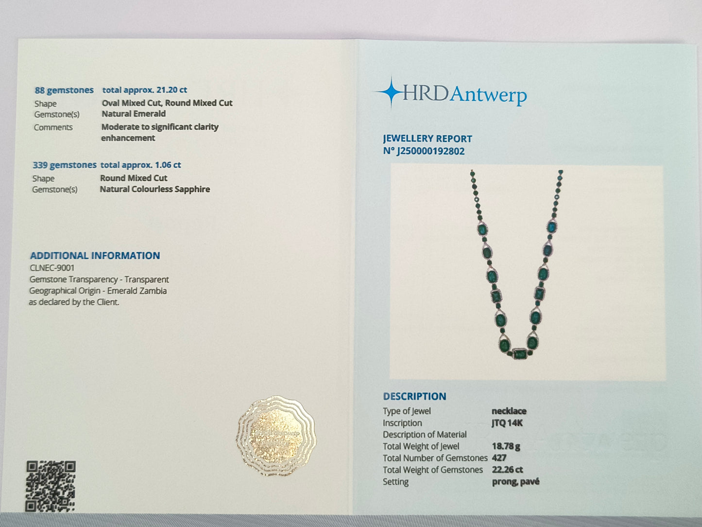 22.26 Ct Natural Emerald 14K Gold Necklace