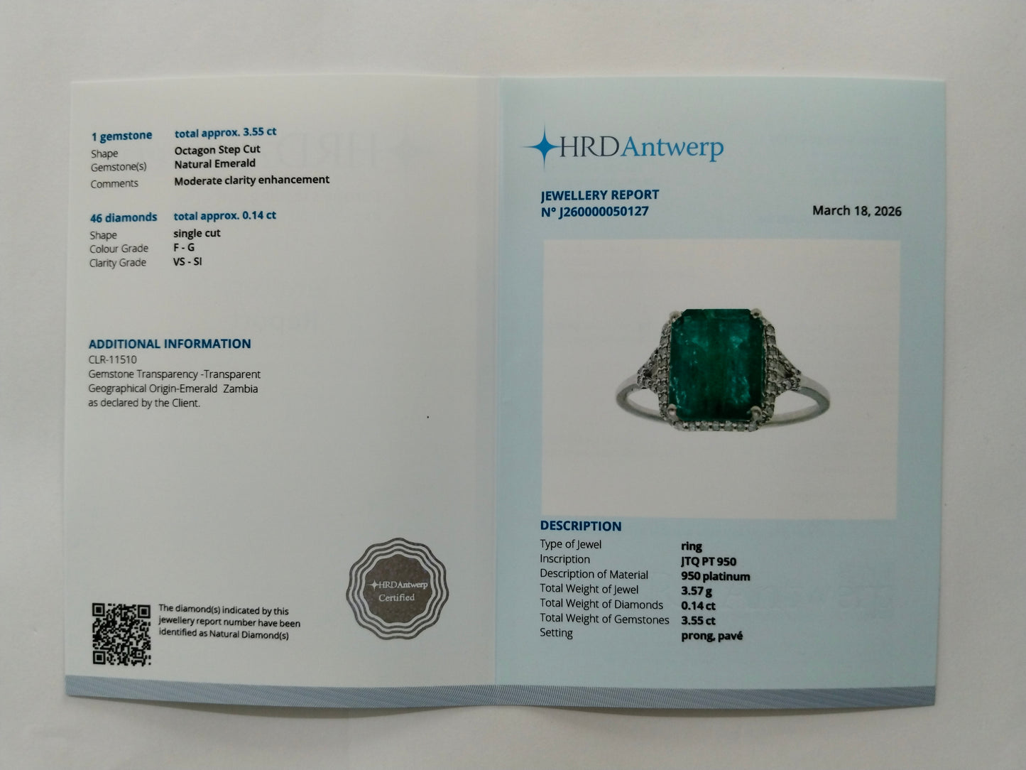 3.69 Ct Octagon Step Cut Natural Emerald 950 Platinum Ring