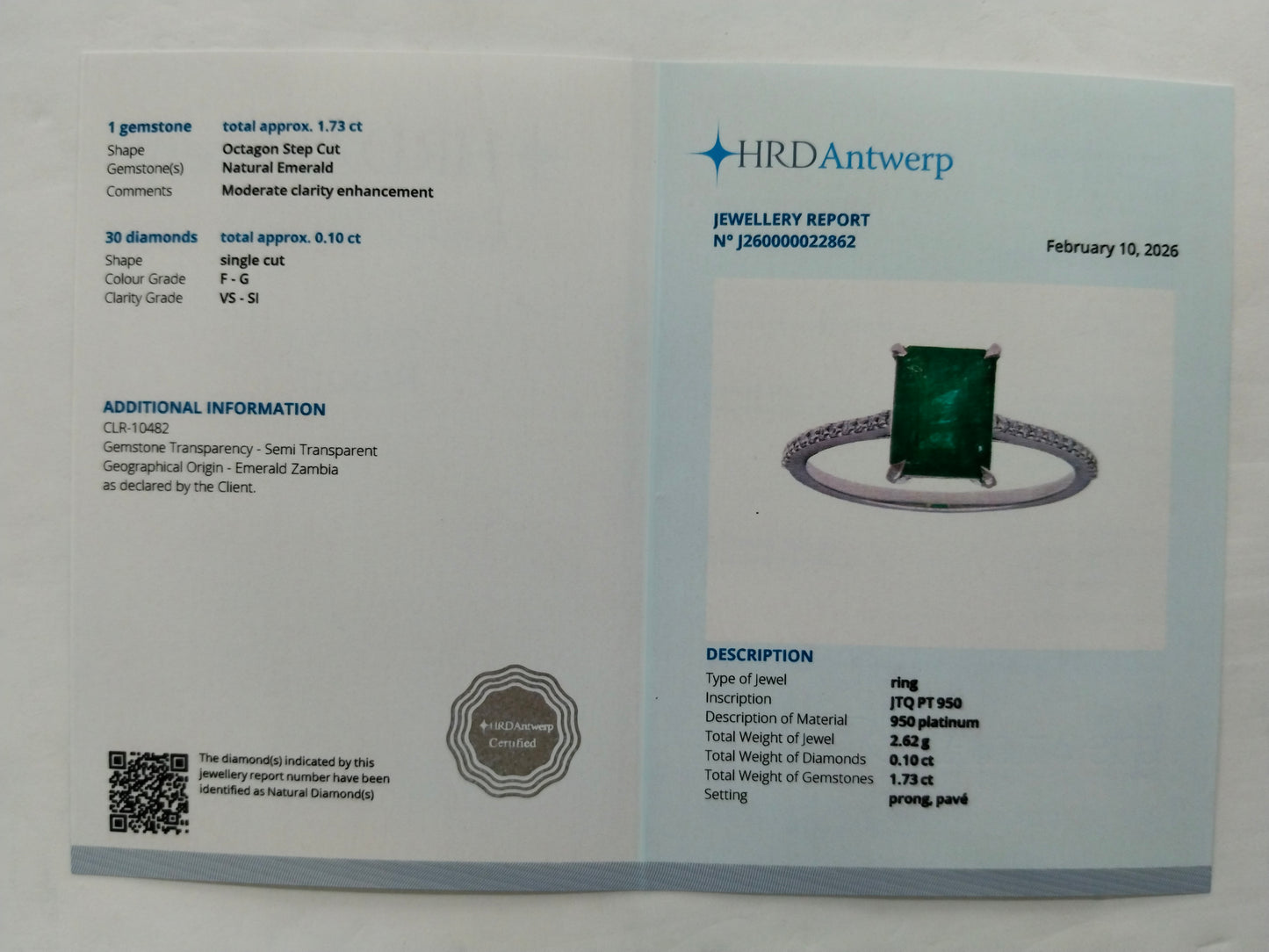 1.83 Ct Octagon Step Cut Natural Emerald 950 Platinum Ring