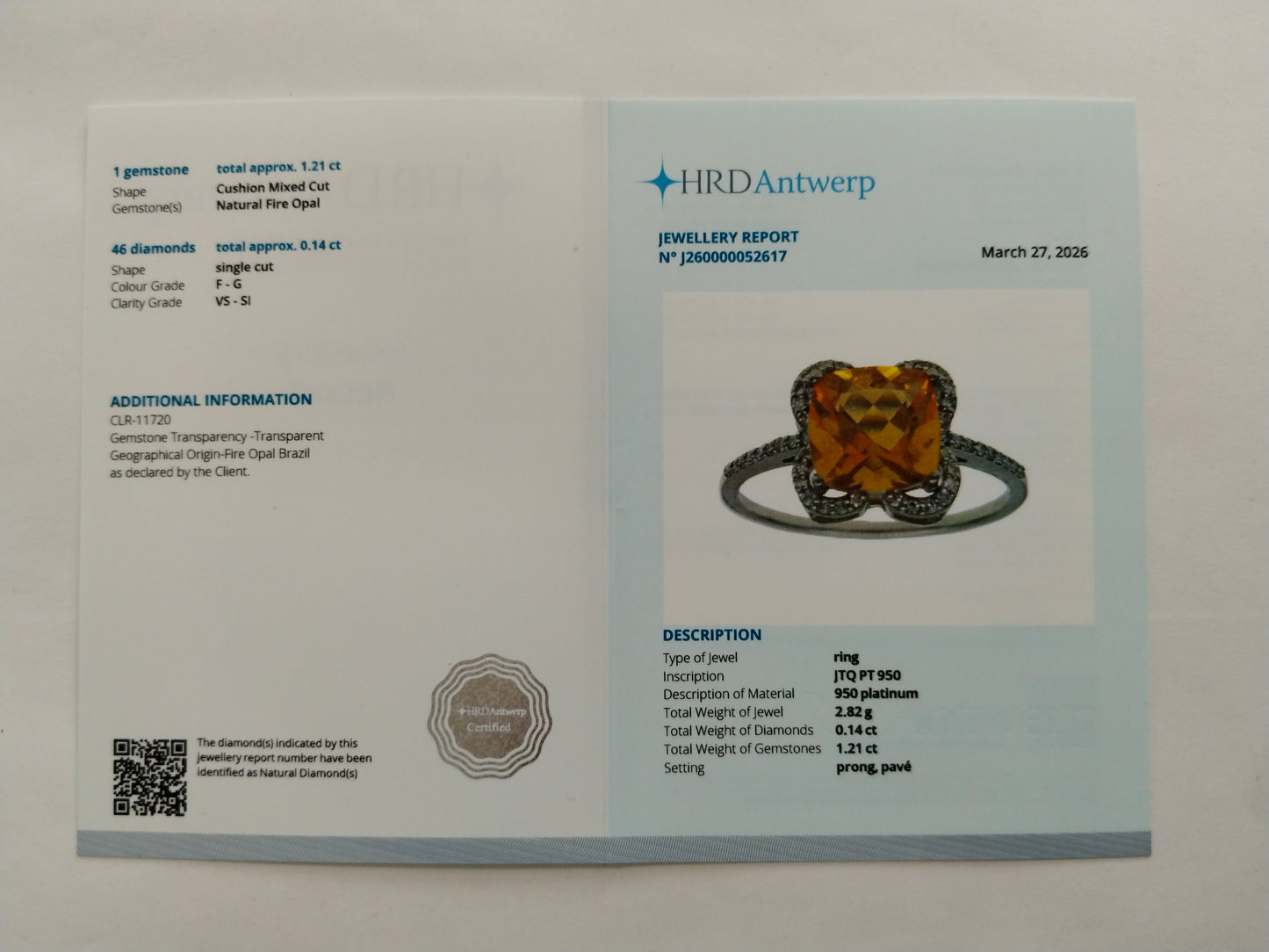 1.35 Ct Cushion Mixed Cut Natural Fire Opal 950 Platinum Ring