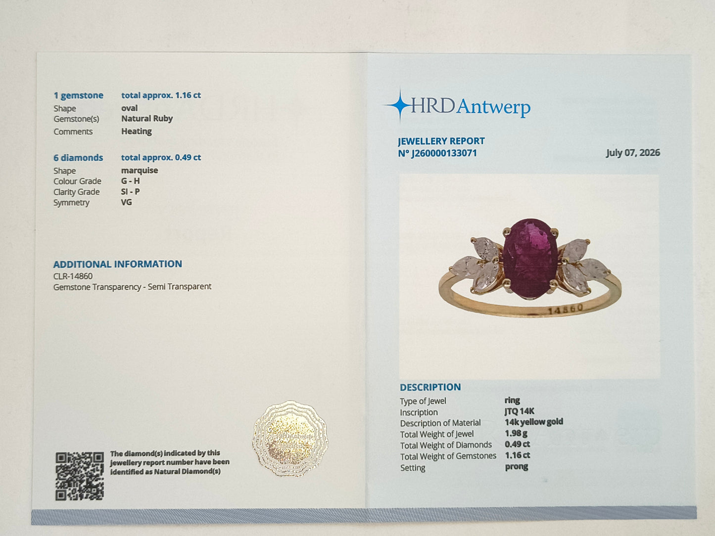 1.65 Ct Oval Natural Ruby 14K Gold Ring