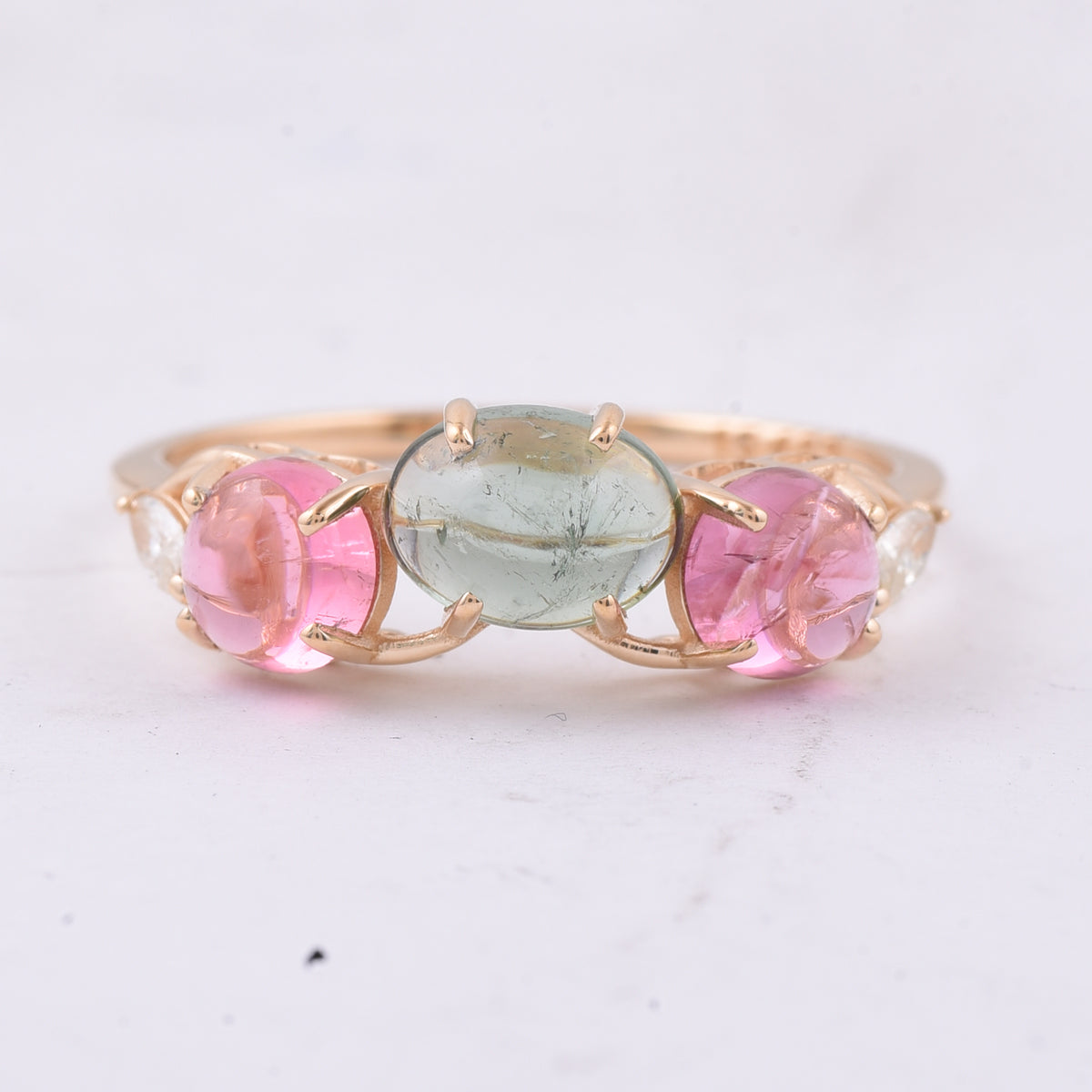 1.93 Ct Round Cabochon Cut, Oval Cabochon Cut Natural Multi Coloured Tourmaline 14K Gold Ring
