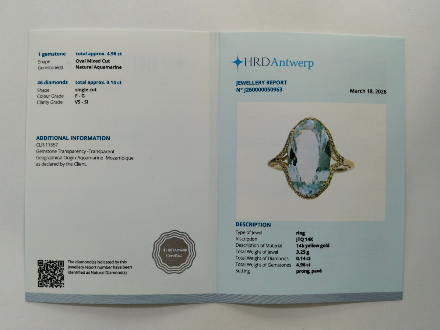 5.10 Ct Oval Mixed Cut Natural Aquamarine 14K Gold Ring