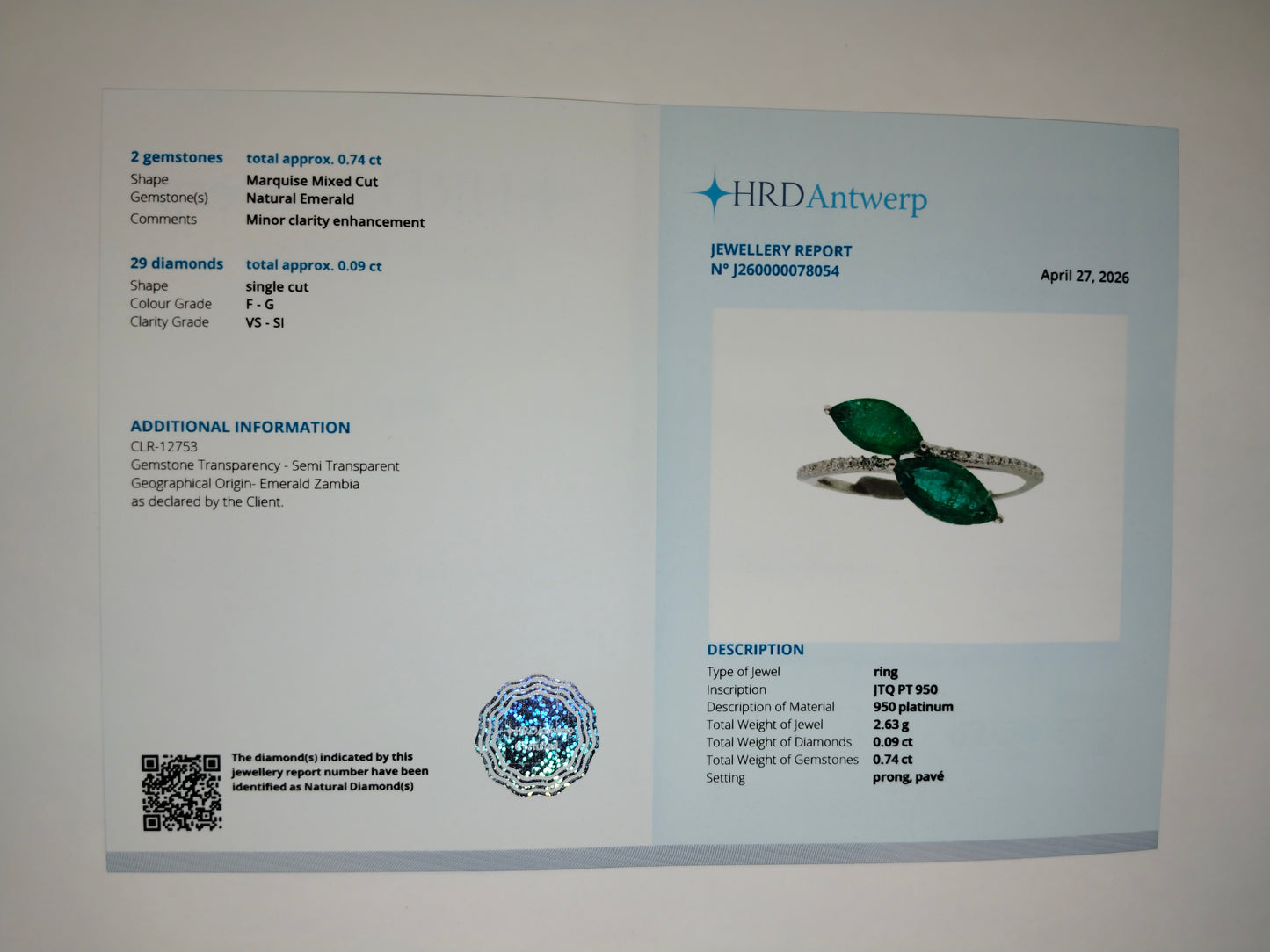 1.43 Ct Marquise Mixed Cut Natural Emerald 950 Platinum Ring