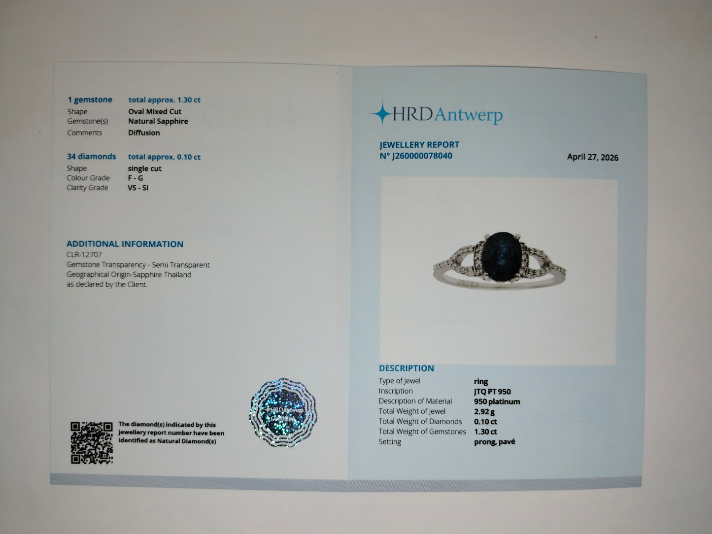 1.40 Ct Oval Mixed Cut Natural Sapphire 950 Platinum Ring