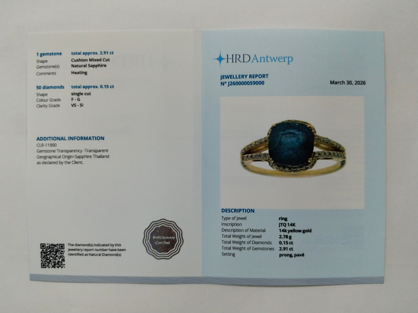 3.06 Ct Cushion Mixed Cut Natural Sapphire 14K Gold Ring