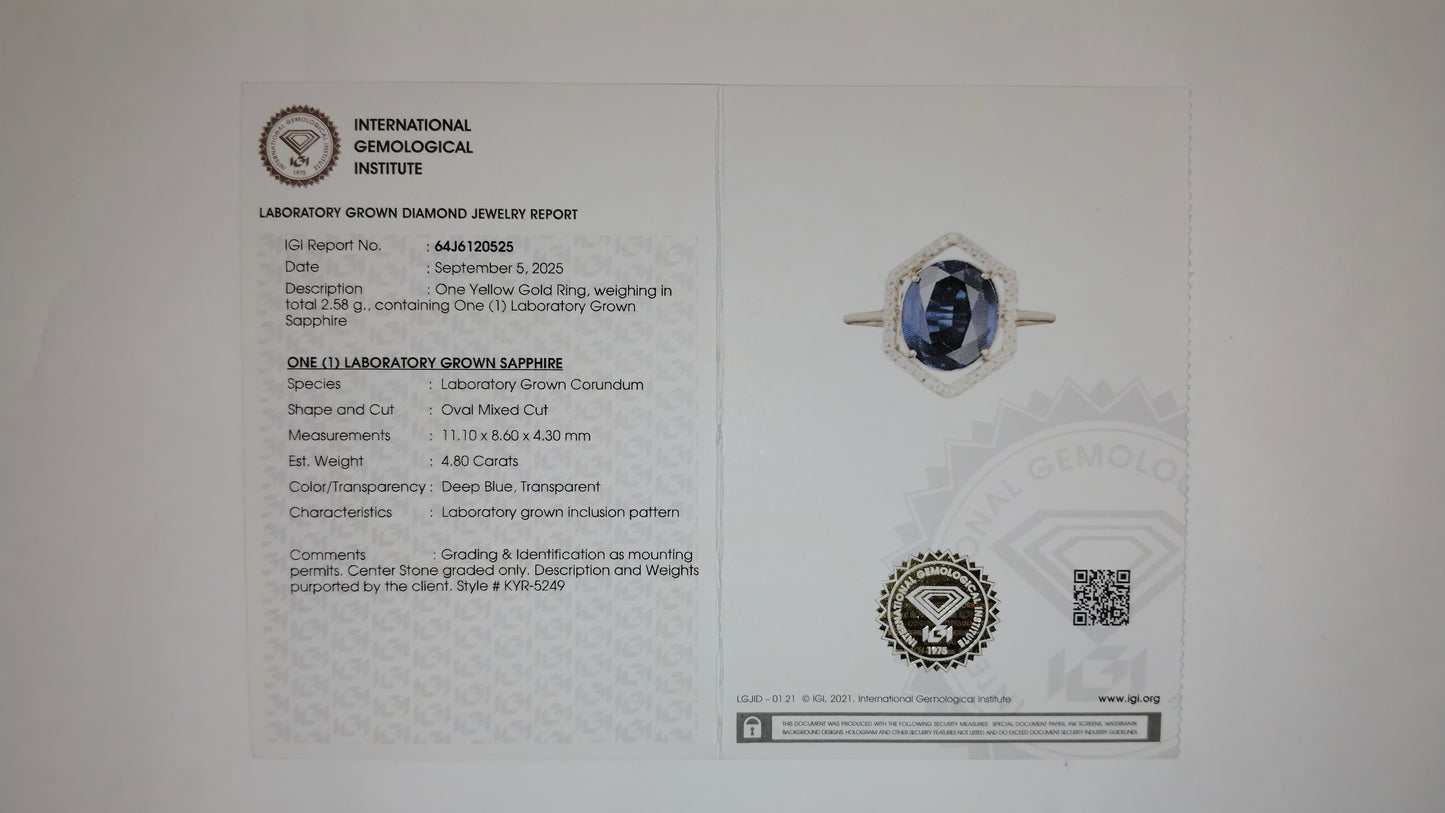 4.92 Ct Oval Mixed Cut Lab Grown Sapphire 14K Gold Ring