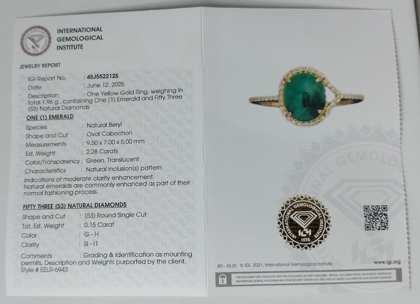 2.43 Ct Oval Cabochon Natural Beryl Emerald 14K Gold Ring