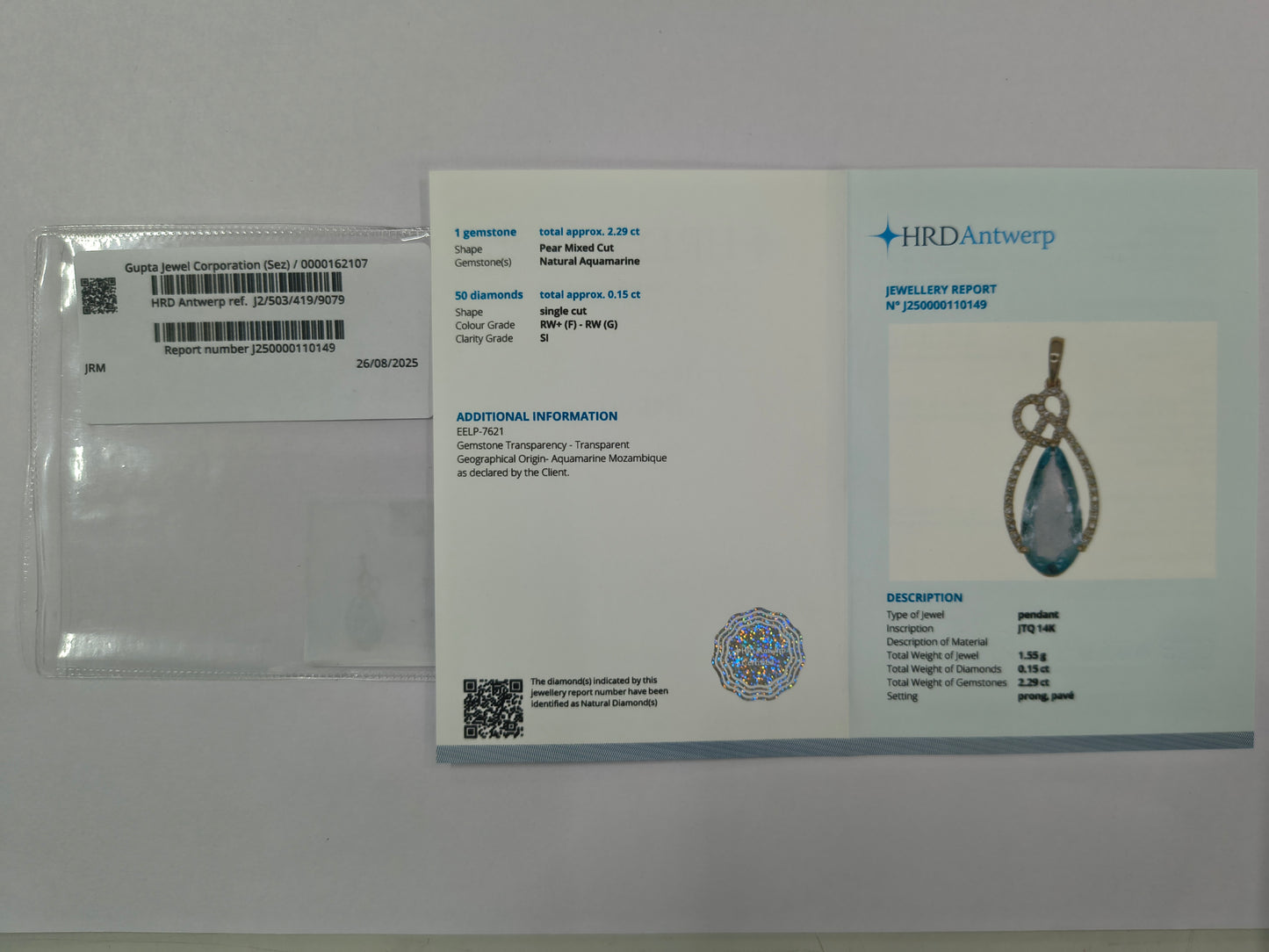 2.44 Ct Pear Mixed Cut Natural Aquamarine 14K Gold Pendant