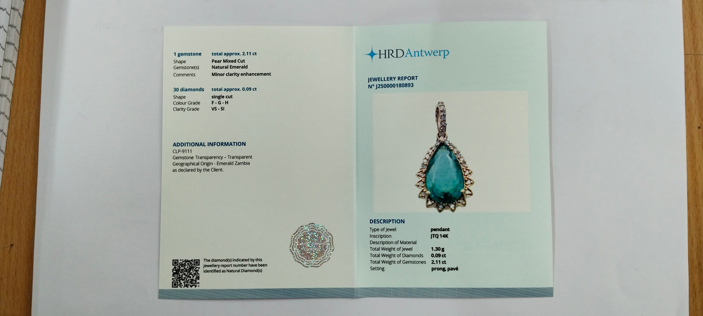 2.20 Ct Pear Mixed Cut Natural Emerald 14K Gold Pendant