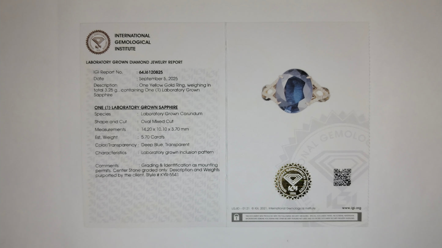 5.84 Ct Oval Mixed Cut Lab Grown Sapphire 14K Gold Ring