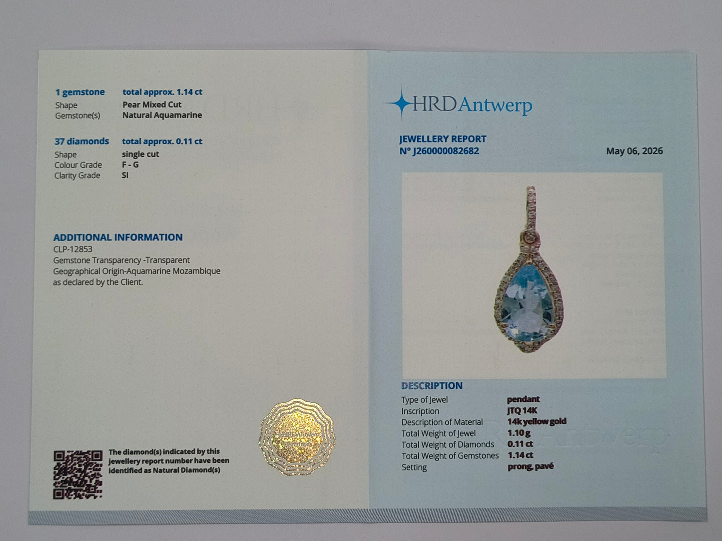 1.25 Ct Pear Mixed Cut Natural Aquamarine 14K Gold Pendant