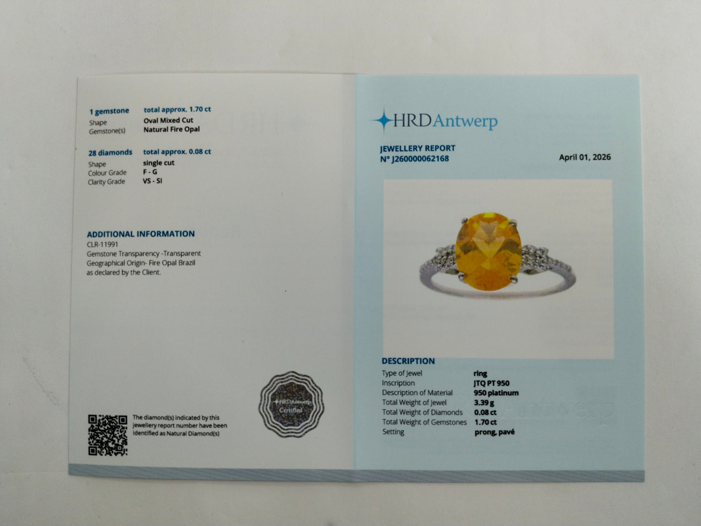 1.78 Ct Oval Mixed Cut Natural Fire Opal 950 Platinum Ring