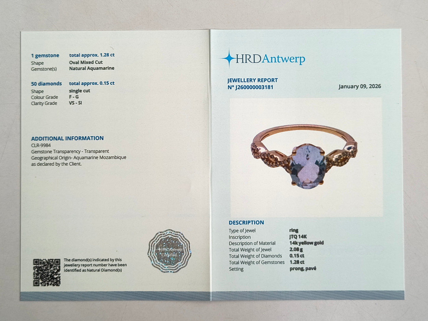 1.43 Ct Oval Mixed Cut Natural Aquamarine 14K Gold Ring