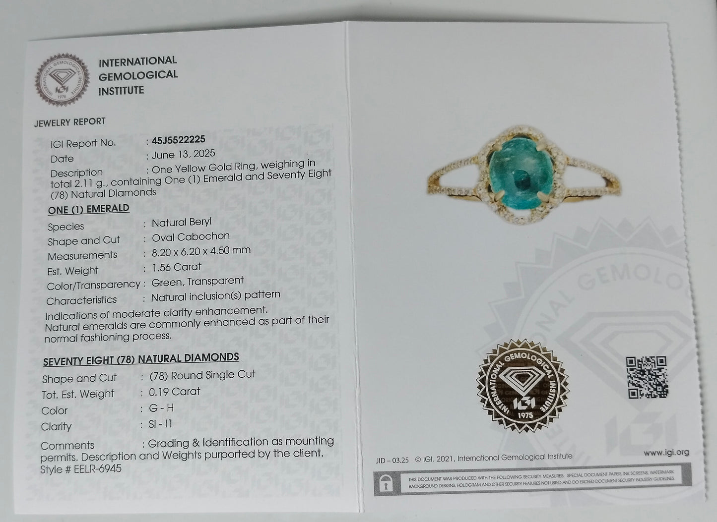 1.75 Ct Oval Cabochon Natural Beryl Emerald 14K Gold Ring
