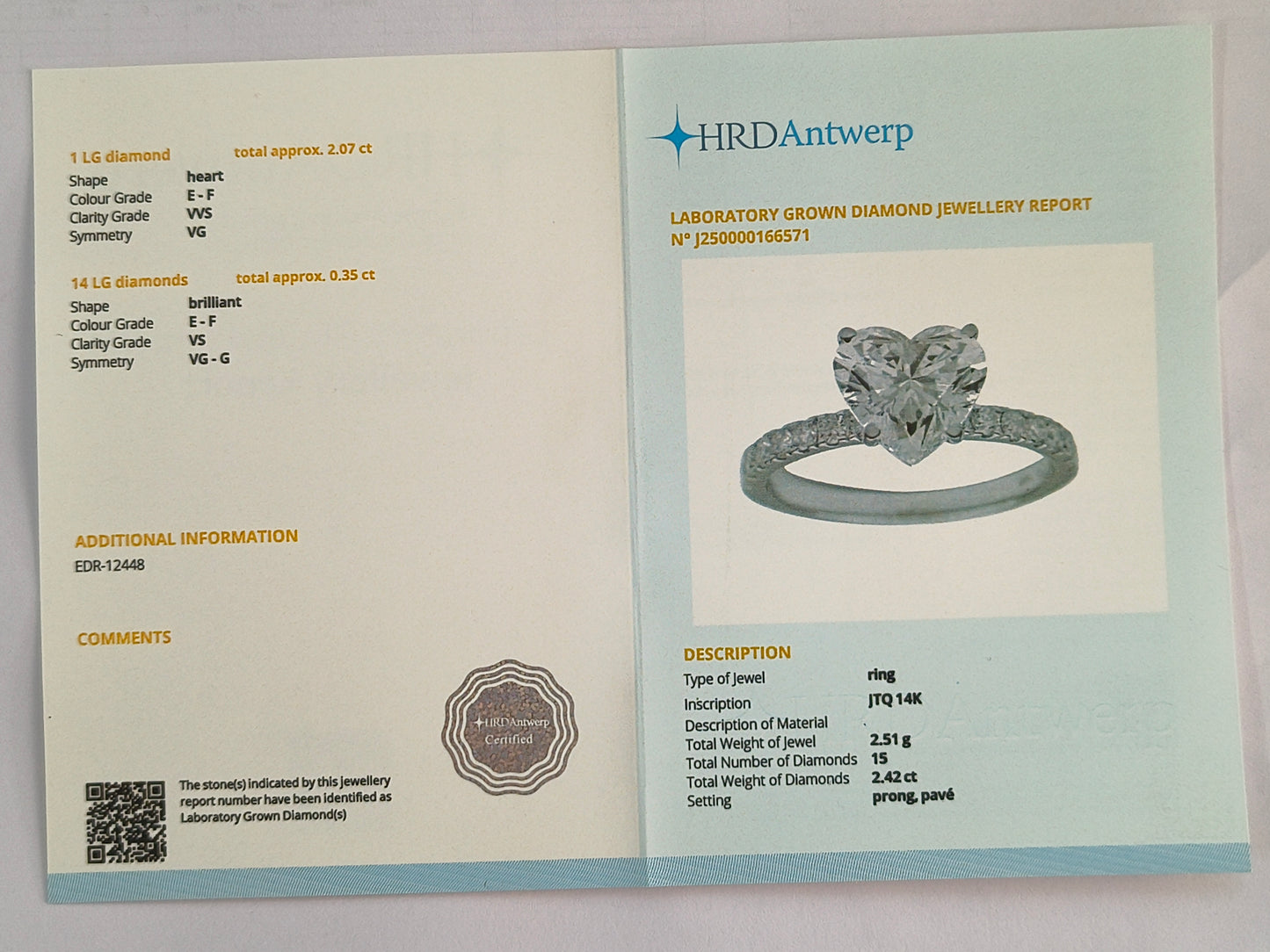 2.42 Carats Lab Grown Diamond 14K Gold Ring