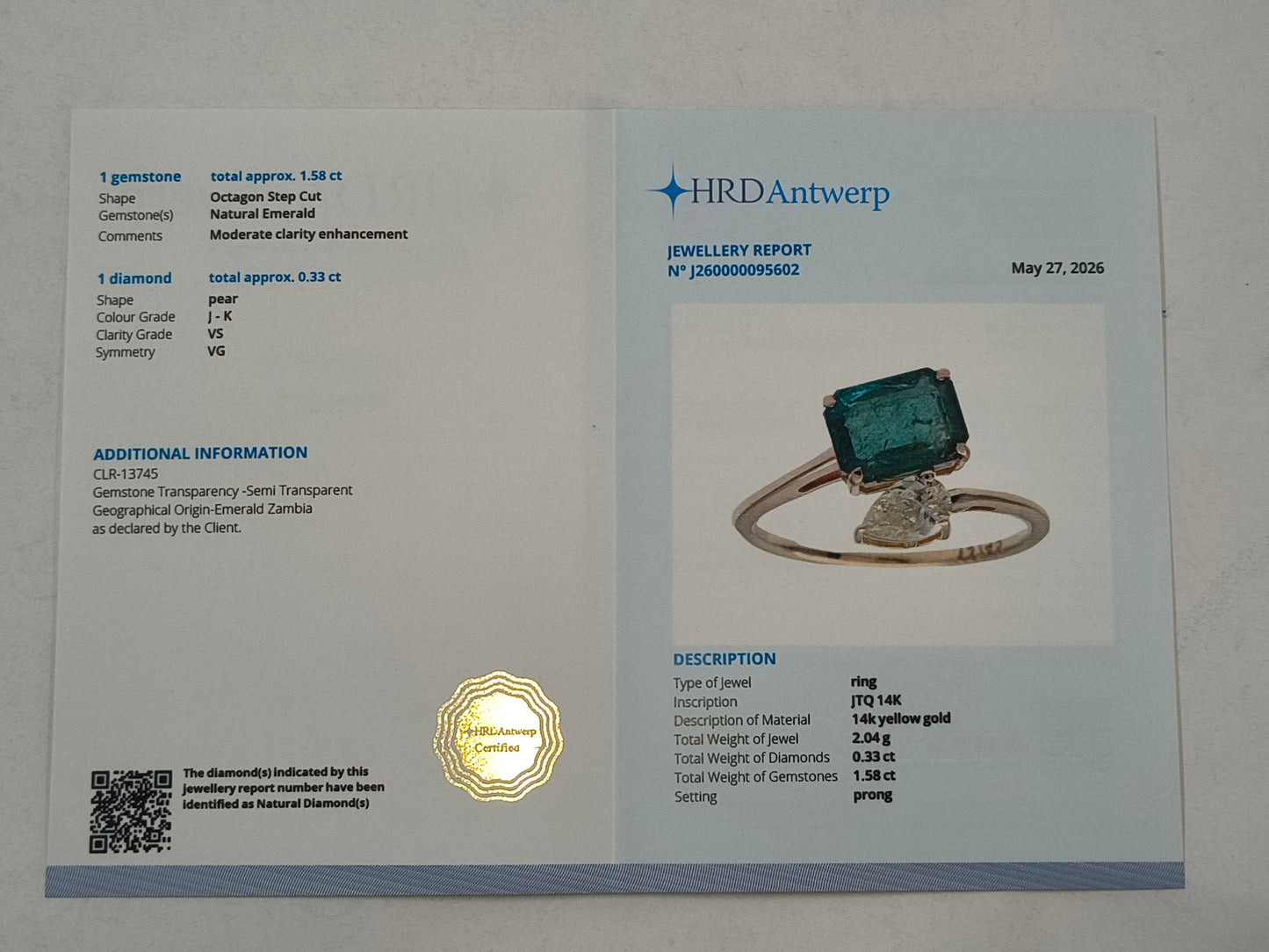 1.91 Ct Octagon Step Cut Natural Emerald 14K Gold Ring