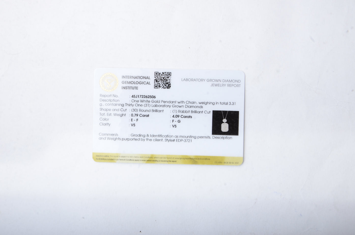 4.88 Carats Lab Grown Diamond 14K Gold Pendant