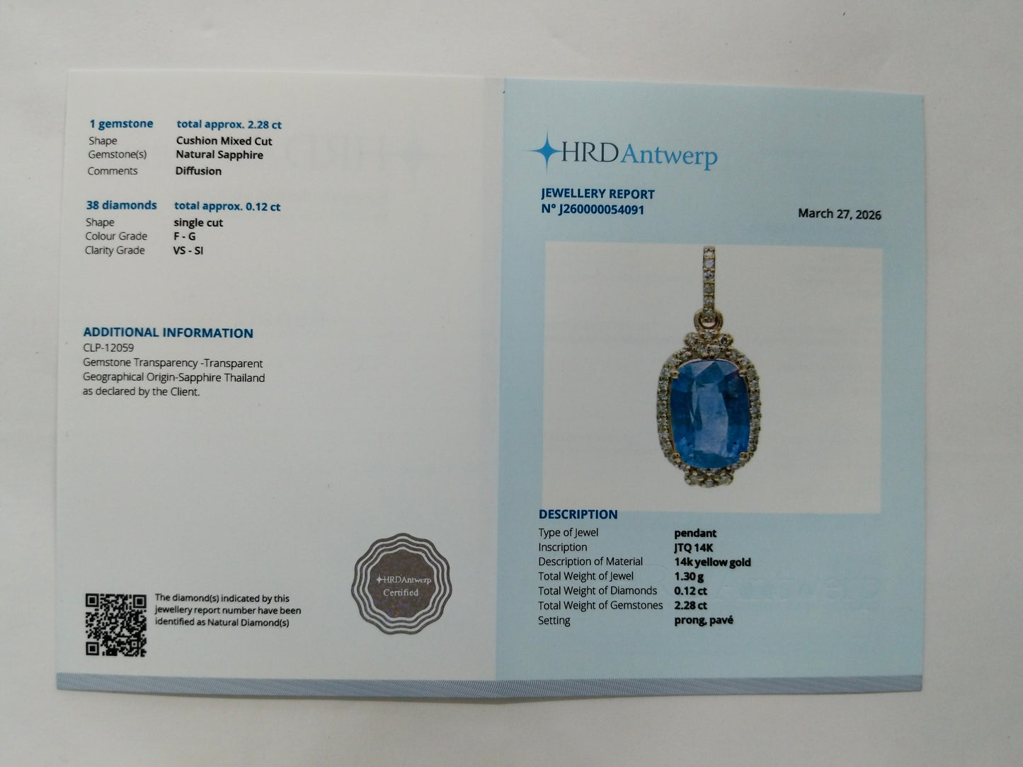 2.40 Ct Cushion Mixed Cut Natural Sapphire 14K Gold Pendant